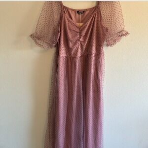 NWT BloomChic Pink Polka Dot Puff Sleeve Midi Cocktail Dress Ballet Womens 14/16